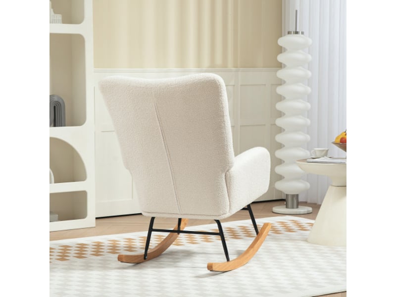  Fauteuil à bascule crème en tissu effet teddy, accoudoirs et patins en bois, relax pour salon et chambre  - Conforama E