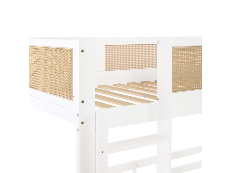  Lit superposé enfant 90x200 cm avec rangement, 3 tiroirs coulissants, garde-corps en rotin tressé, design naturel Blanc et bois Fay Lum - Conforama E