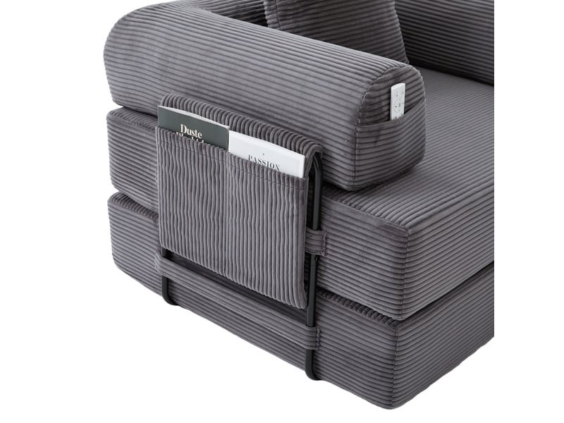 Canapé droit modulable convertible 3 places en velours côtelé gris foncé avec pouf et poche latérale - Conforama D