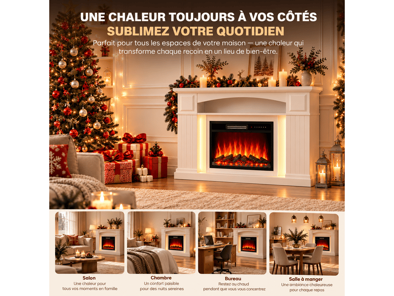  Homavo 23t‑5 : cheminée électrique 23 pouces avec meuble et bande led. Chauffage 10002000 w à 2 niveaux, 7 couleurs de flamme, 5 réglages de luminosité et vitesse, minuterie 1‑8 h, télécommande et commande tactile, 42 effets led…  - Conforama W