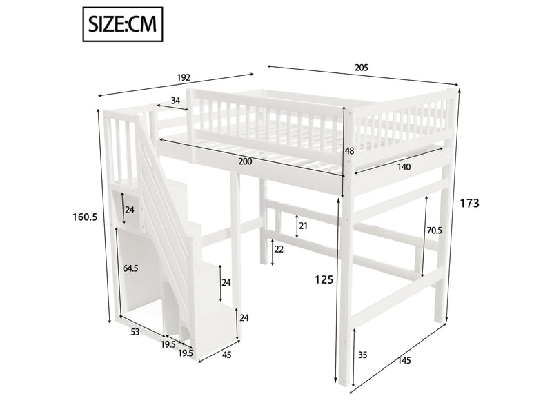 Lit mezzanine 140x200 en bois massif avec escalier de rangement, lit enfant blanc avec barrière de sécurité haute, gain de place - Conforama R