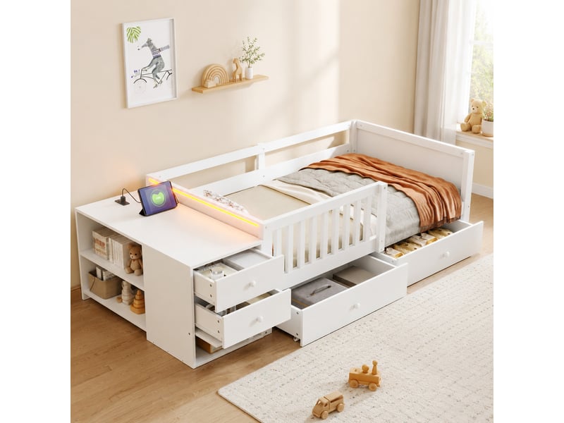 Lit mezzanine enfant 90 x 200 cm blanc avec rangement, bureau et éclairage led - Conforama B
