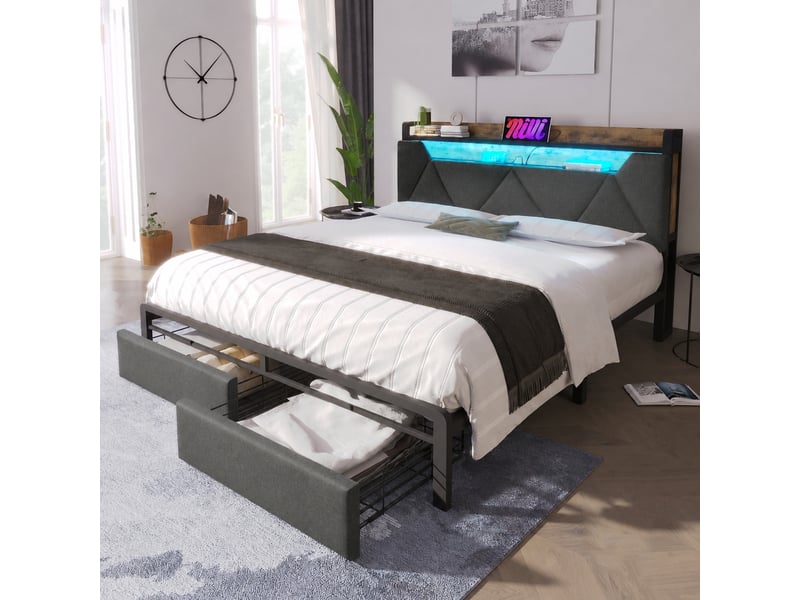 Lit en lin gris avec rangement, 2 tiroirs, led, usb-c et sommier, 160x200 cm - Conforama D