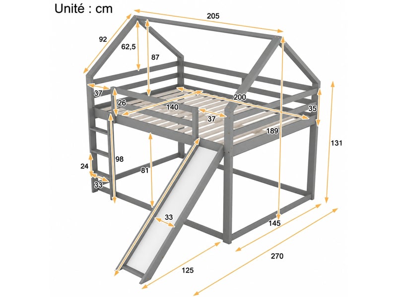  Lit cabane superposé avec toboggan, échelle réversible, couchages 140x200 cm, en pin et mdf, gris et blanc  - Conforama C