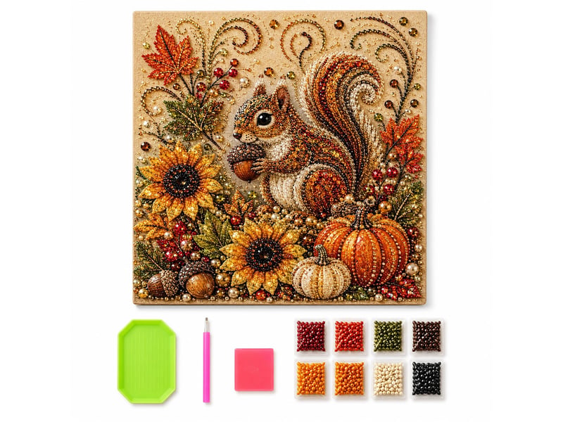  Kit de peinture perles automnal avec cadre – art diamant écureuil, perles et strass, pour adultes et débutants  - Conforama A