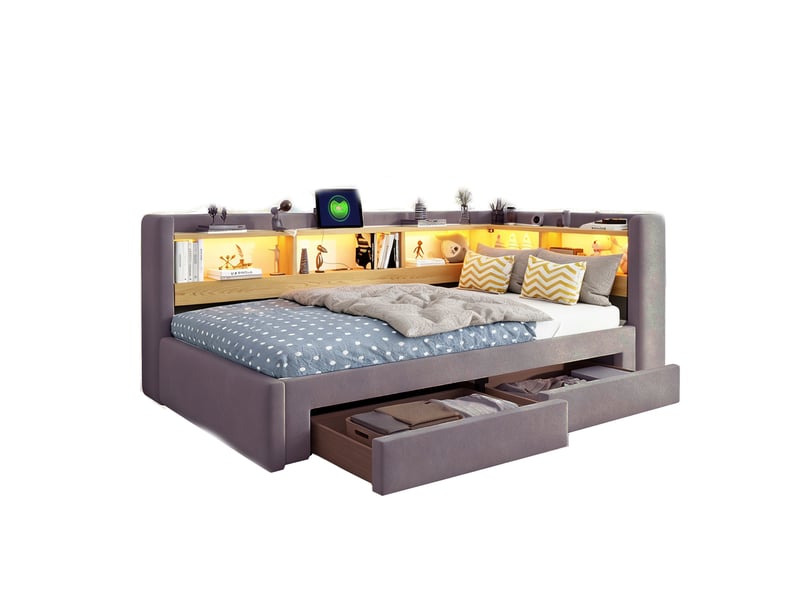  Canapé-lit 90x200 cm – avec lit gigogne – 2 tiroirs – avec éclairage led – avec prise électrique – gris foncé (matelas non inclus)  - Conforama A