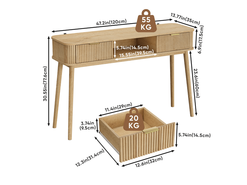  Console 120x35x77,6 cm avec 2 tiroirs en mdf chêne, style mid-century avec compartiment ouvert, meuble polyvalent pour salon  - Conforama C