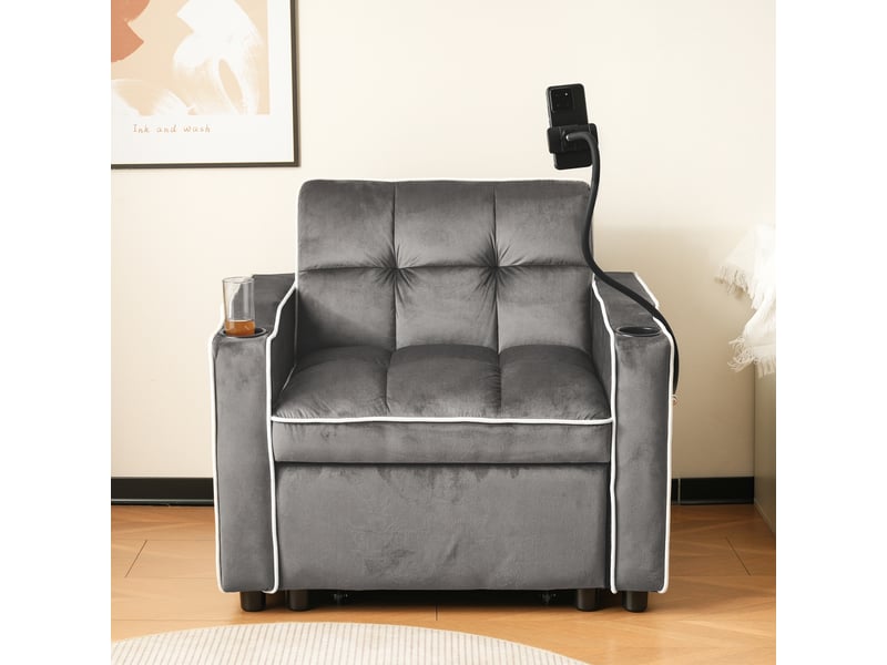 Fauteuil lit - fauteuil convertible 1 place 83x167x76 cm - 3 positions - porte-gobelets et support téléphone - velours - gris - Conforama B