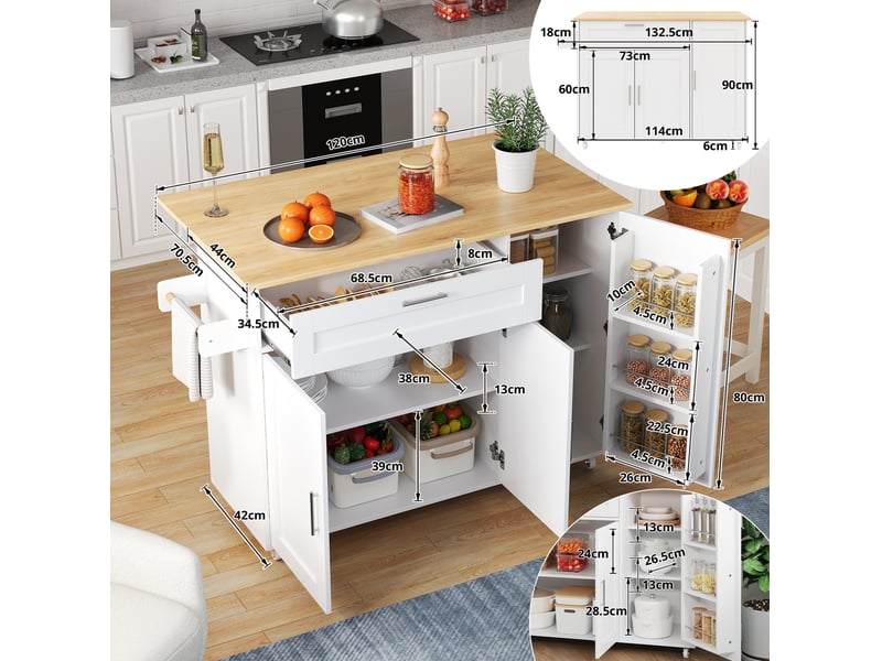 Desserte de cuisine 132.5x44x90 cm mdf blanc et naturel avec plateau rabattable - Conforama C