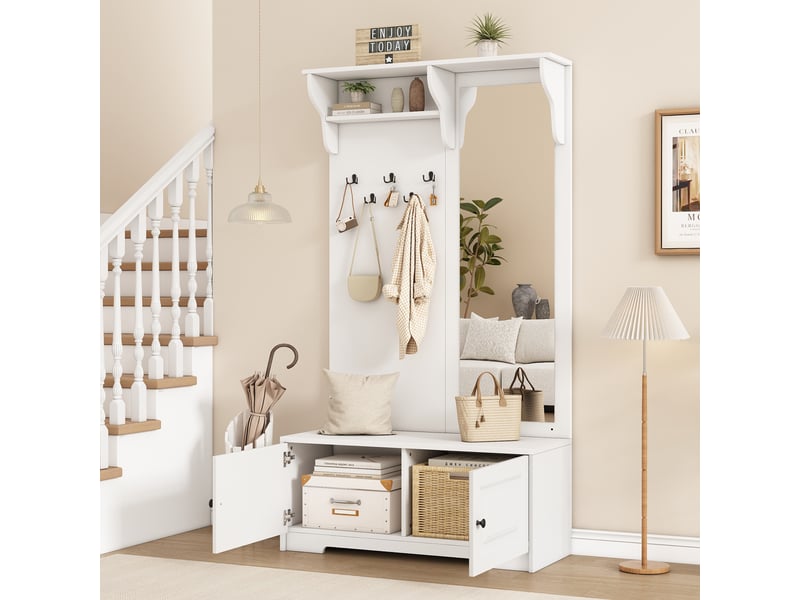Vestiaire d'entrée avec miroir, porte-manteau d'entrée moderne avec banc à chaussures et 5 patères, mdf 100x40x180cm, blanc - Conforama W