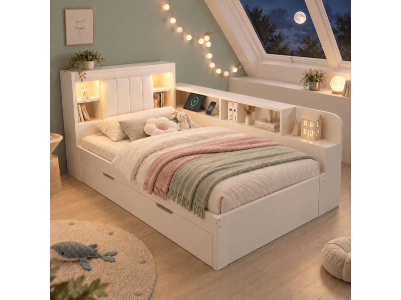  Canapé-lit 90x190 cm avec lit gigogne, sommier à lattes, rangement, tête de lit pu, lampes de lecture, usb, cadre en bois - blanc (sans matelas)  - Conforama B