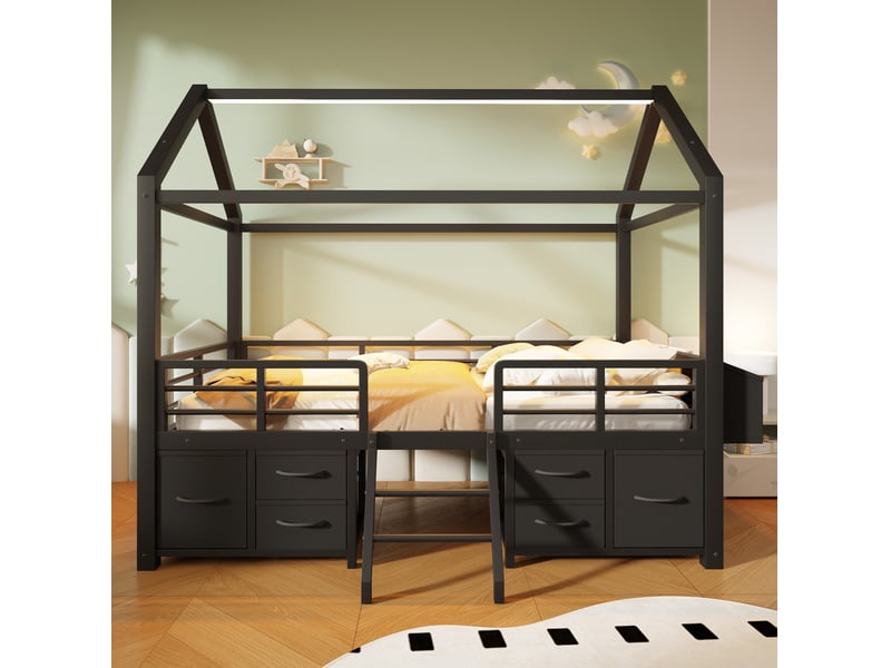  Lit mezzanine enfant 90 x 200 cm en métal noir, toit maison, tiroirs en tissu et éclairage led  - Conforama D