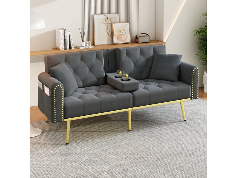 Canapé-lit 2 places 175x80x73,5cm dossier 3 positions 108°-135°-180° porte-gobelet pieds dorés velours gris - Conforama B