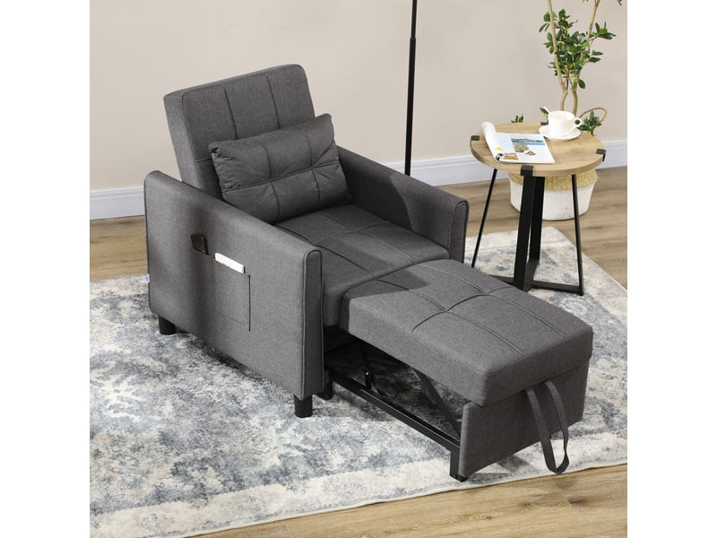 Fauteuil convertible 1 place 3 en 1 dossier réglable en 3 positions oreiller inclus 2 poches latérales gris 69x82x85cm - Conforama A