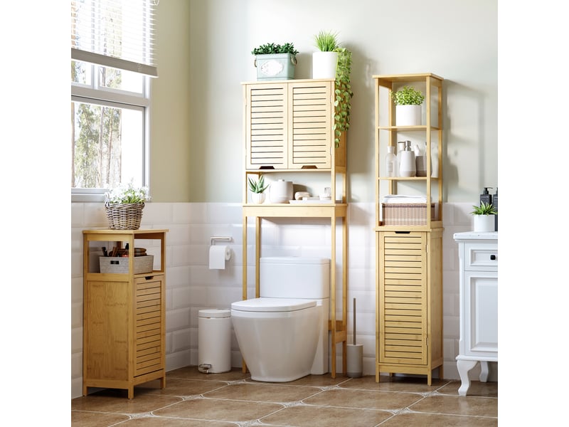  Armoire de salle de bain haute en bambou naturel, avec 3 étagères et 1 porte, colonne de rangement, 34 x 30 x 173 cm  - Conforama C