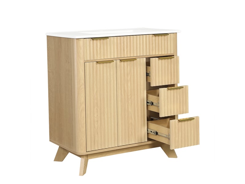  Meuble sous-vasque avec vasque céramique 3 tiroirs mdf coloris bois naturel 81 cm  - Conforama B