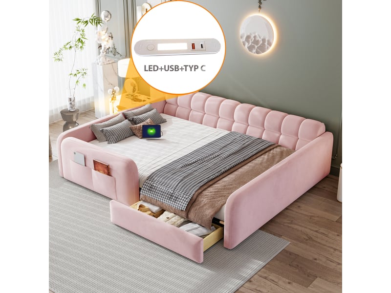  Lit enfant rembourré - 140x200 cm - barrières de sécurité - tiroirs de rangement - éclairage led - prise de charge - velours - rose CozyNest - Conforama E