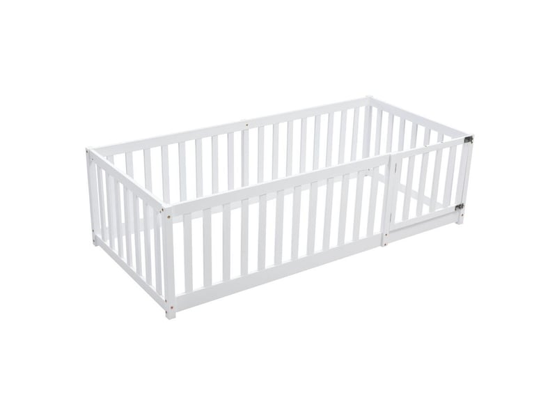  Lit enfant 90x200cm, lit au sol avec clôture et porte, cadre en bois, hauteur sécurité 60cm, blanc  - Conforama W