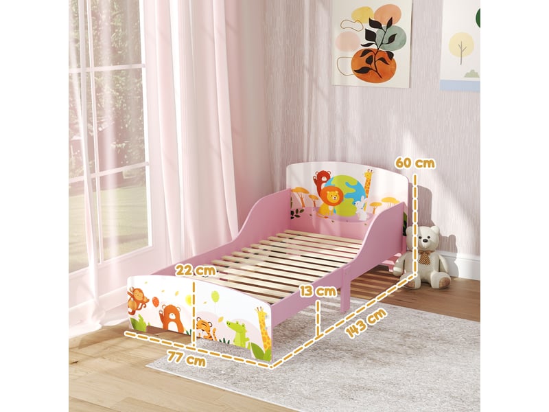  Lit enfant 70x140 cm motif animal 140 x 70 cm avec sommier à lattes en bois design sécurisé bas rose  - Conforama C