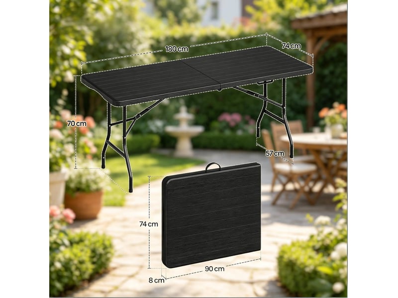 Table de jardin pliante 180 x 74 x 70 cm noire en hdpe et métal, 8 personnes, rangement facile - Conforama C