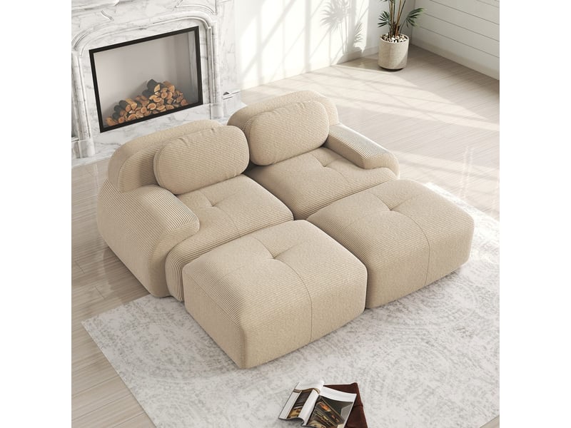  Canapé 2 places en velours côtelé beige, modulable avec méridienne, sans cadre, mousse 32d, accoudoirs ergonomiques SF20250527049 - Conforama E
