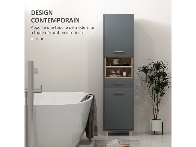  Colonne salle de bain, meuble salle de bain rangement avec 2 placards, gris, tiroir et 2 compartiments ouverts  - Conforama E