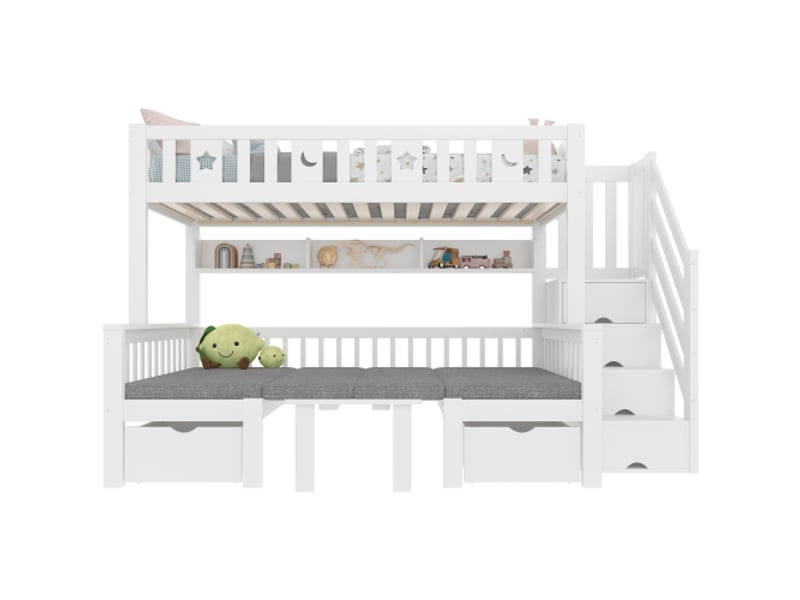  Lit mezzanine multifonction 90x200 cm – 2 en 1 lit et bureau, escalier de rangement, barrière étoiles et lune, blanc  - Conforama A