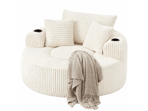 Fauteuil lounge rond 1 place - 3 coussins, 2 porte-gobelets et poches latérales - velours côtelé - beige