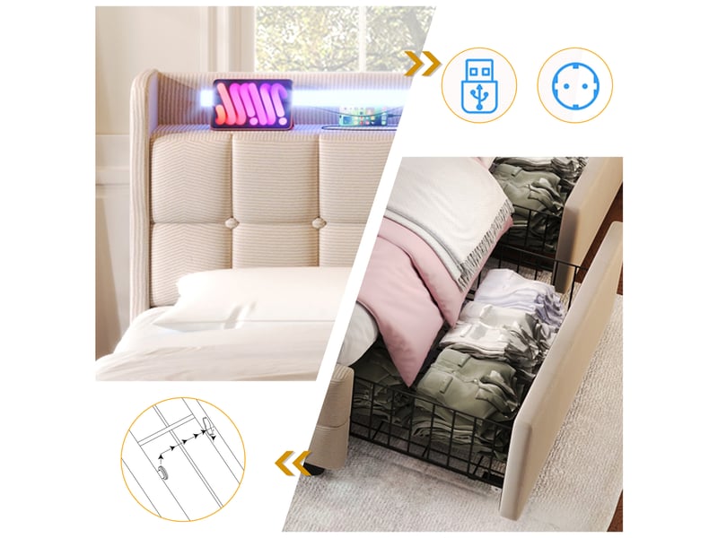  Lit coffre 90x200 avec led et usb, cadre de lit beige capitonné avec sommier à lattes et 2 grands tiroirs de stockage  - Conforama D