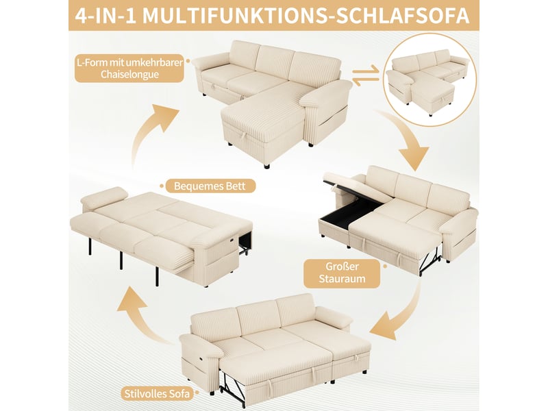 Canapé d'angle convertible, velours côtelé beige 3 places, lit avec coffre de rangement et ports usb pour salon et chambre d'amis - Conforama E