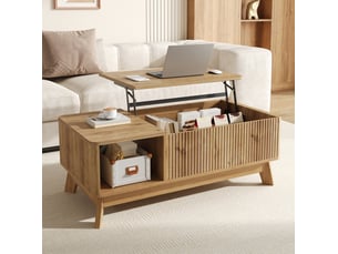 Table basse 95x48x50 cm, plateau escamotable, espace de rangement, table de salon, table basse salon, en mdf, naturel