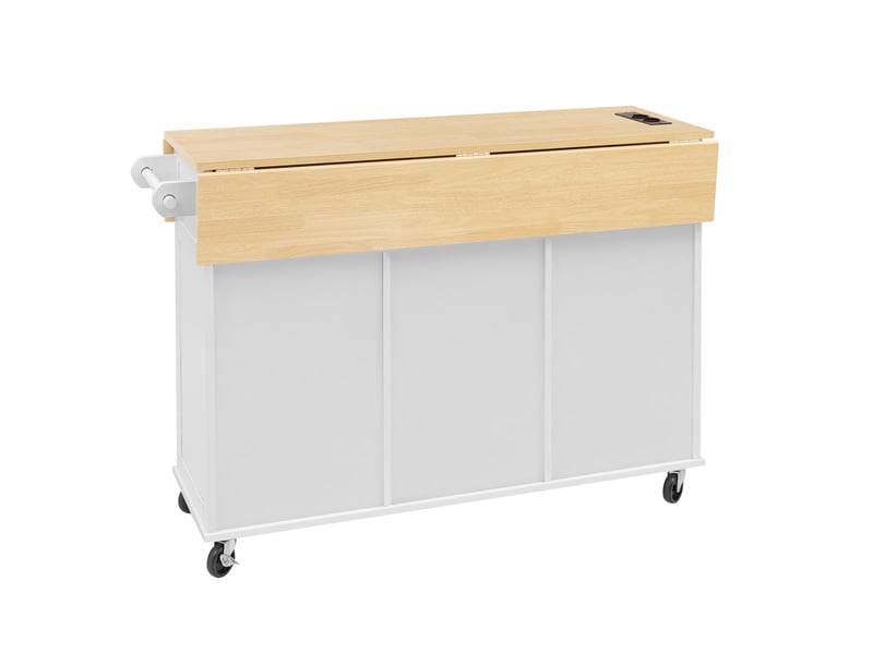  Îlot de cuisine mobile 120 x 40-80 x 92 cm, plateau rabattable, prises, usb-c, rangements, blanc et bois Jamama eleni - Conforama W