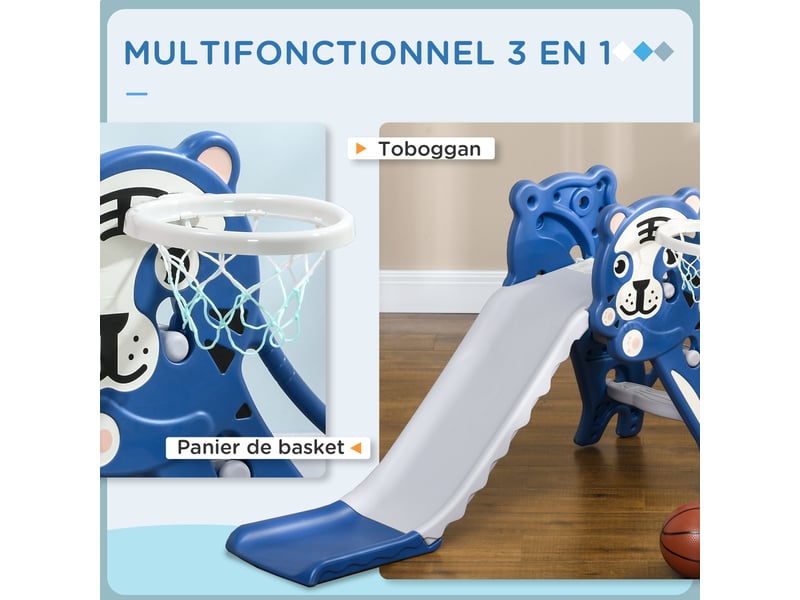 Toboggan pour enfants, toboggan intérieur pour enfants, avec panier de basket, thème tigre, de 18 à 36 mois, bleu - Conforama D