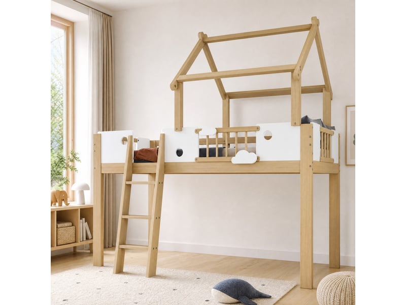 Lit mezzanine 90x200 cm avec garde-corps et échelle à 3 marches en bois et mdf, coloris blanc et naturel - Conforama B