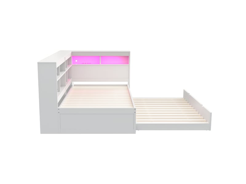  Canapé-lit bois massif blanc 90x200 cm avec rangements, étagères, usb et leds intégrées  - Conforama E