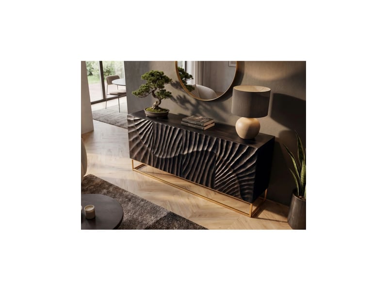 Buffet silva 177 cm en bois massif de manguier noir sculpté – 4 portes et piètement doré - Conforama E