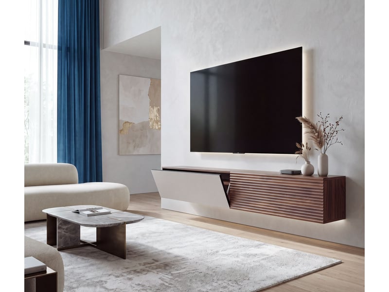 Meuble tv hwc-q84, meuble tv bas, fixation murale, compartiments rabattables, structure 3d, mdf mélaminé, 30 x 160 x 30 cm - aspect noyer - Conforama B