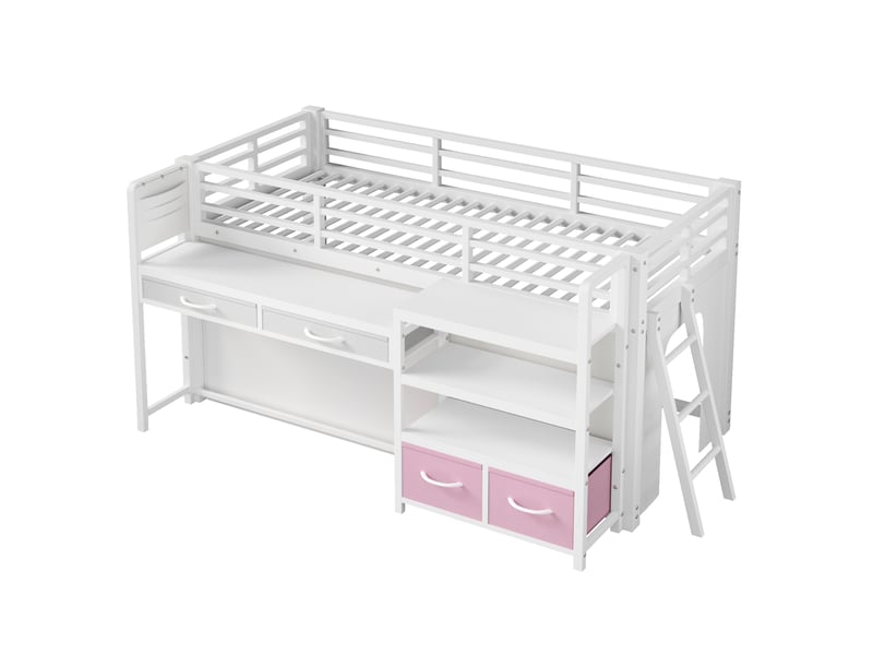  Lit mezzanine 90 x 200 cm avec bureau, espace de rangement et tiroirs en tissu, lit enfant en métal avec rideau, étagère à plusieurs niveaux et éclairage led, blanc  - Conforama E