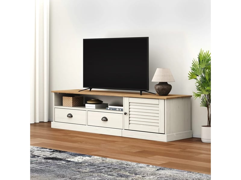  Meuble tv - banc tv - meuble de rangement vigo blanc 156x40x40 cm bois massif de pin  - Conforama B