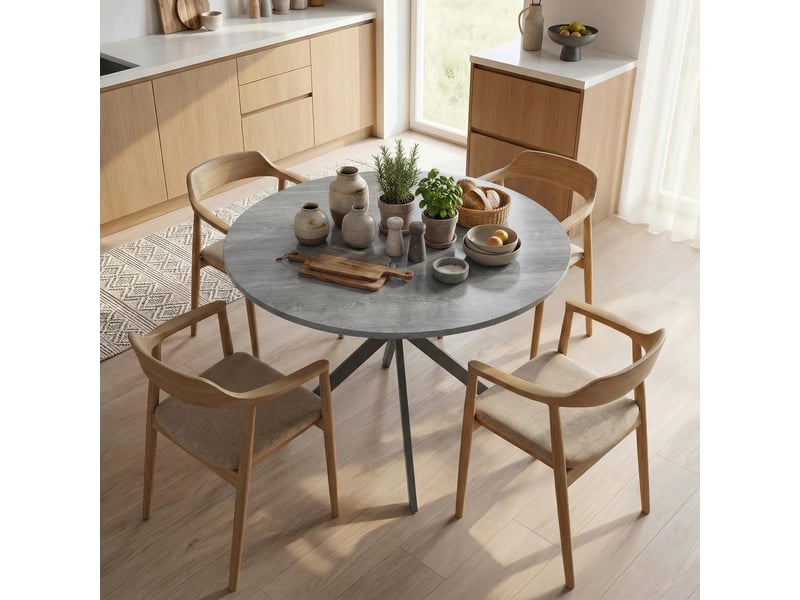  Table de salle à manger ronde pour 4 personnes, style industriel, avec pieds en acier, grise, idéale pour la cuisine ou la salle à manger.  - Conforama C