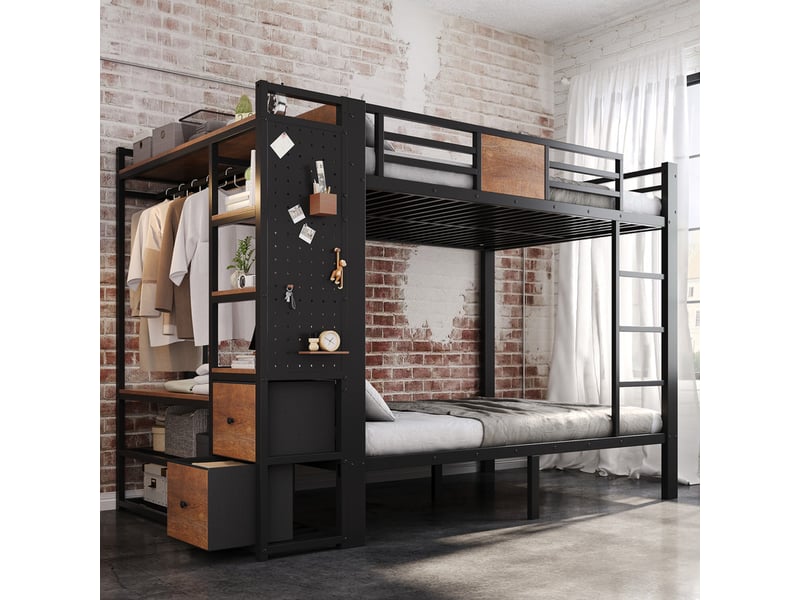  Lit superposé enfant 120x200 cm - avec étagères et tiroirs - avec échelle - portant à vêtements et panneau perforé - noir (sans matelas)  - Conforama B