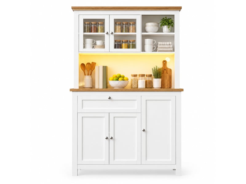  Buffet de cuisine 104 x 40 x 180 cm avec éclairage led et étagères réglables, blanc  - Conforama A