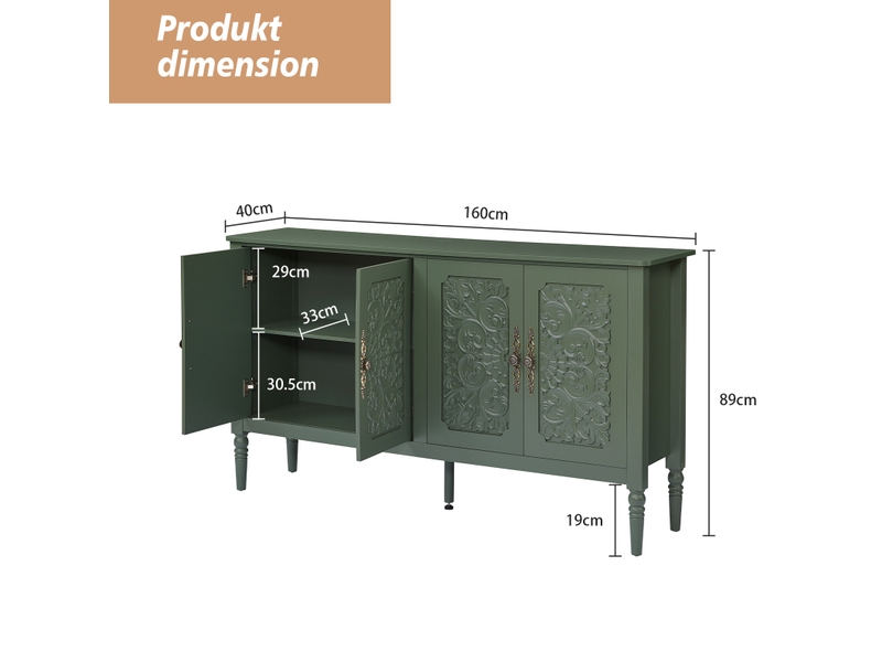 Buffet 160x40x89 cm, design rétro à relief, 4 portes, angles arrondis, panneau de particules, vert, rangement salon - Conforama C