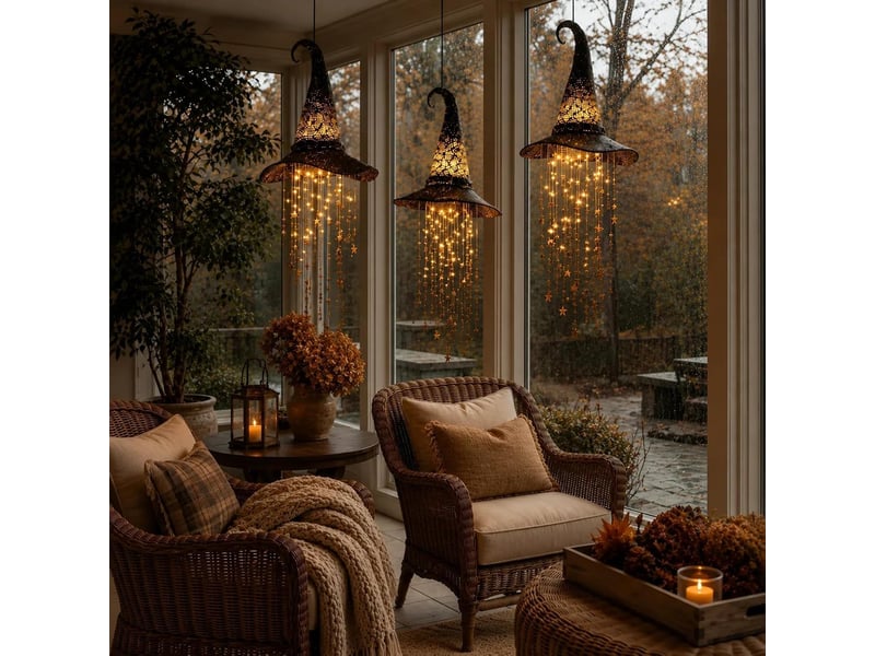  6 pièces décoration halloween suspendue, chapeau de sorcière lumineux led avec étoiles en cascade pour intérieur et extérieur  - Conforama E