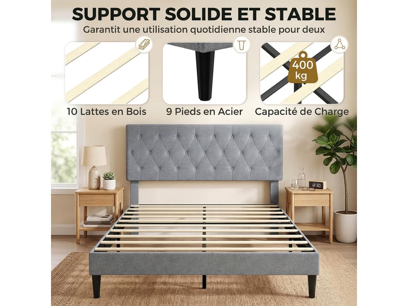  Cadre de lit 140 x 190 cm avec sommier, lit double rembourré en lin, tête capitonnée, support à 10 lattes, gris  - Conforama R