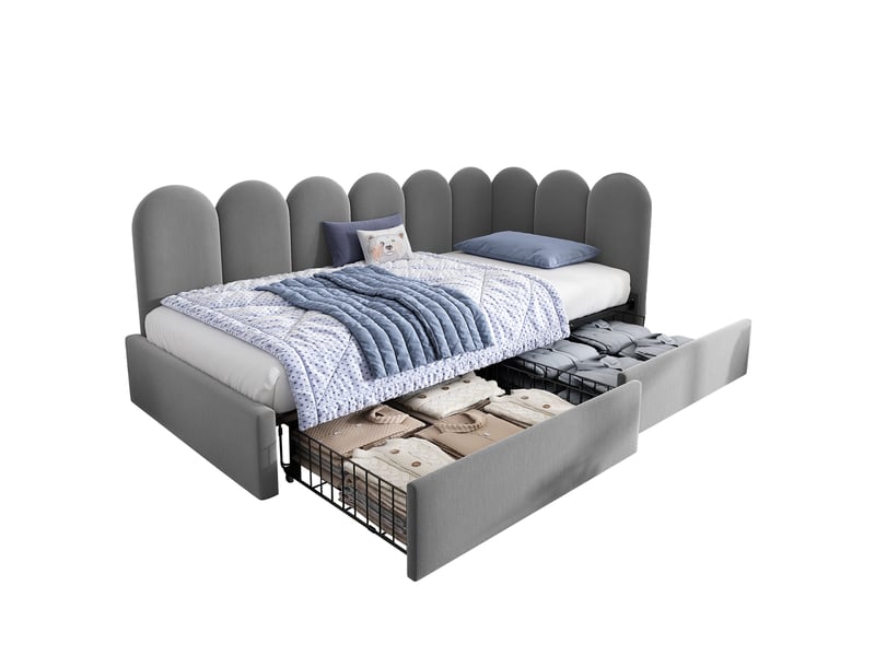  Lit gigogne 90x200 cm, revêtement en velours, coloris gris, 2 tiroirs intégrés, sommier à lattes inclus, matelas non inclus, cadre fonctionnel  - Conforama A