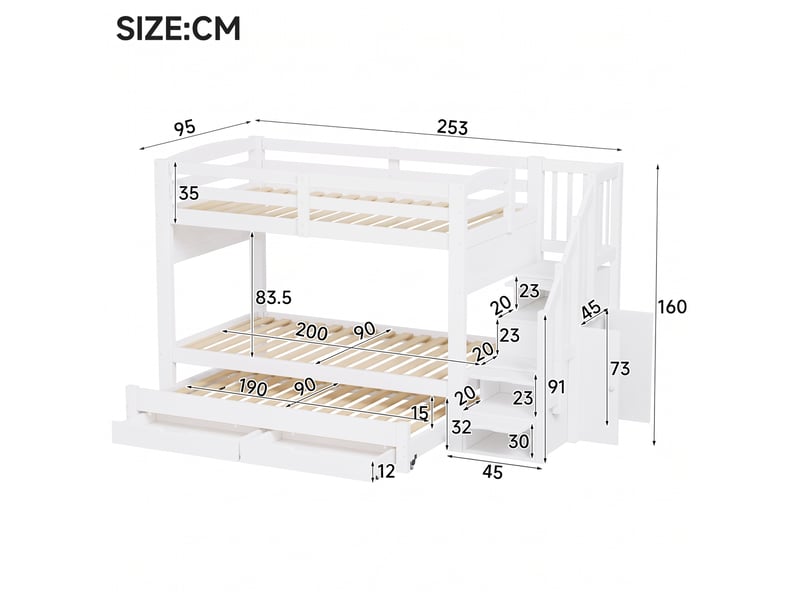  Lit superposé 90x200 cm avec lit rabattable, 2 tiroirs, escalier de rangement à plusieurs niveaux et armoire, blanc.  - Conforama C