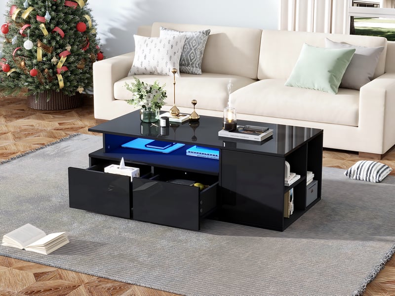  Table basse 100x50x35 cm led multicolore pilotable appli 2 tiroirs 9 compartiments panneaux particules brillant noir  - Conforama B
