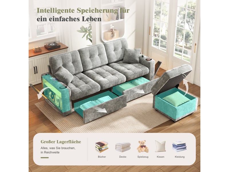  Canapé d’angle 3 places avec led pouf de rangement et ports usb et 2 tiroirs en chenille gris foncé 194,5x133x83 cm BUYDEEMEUS - Conforama E