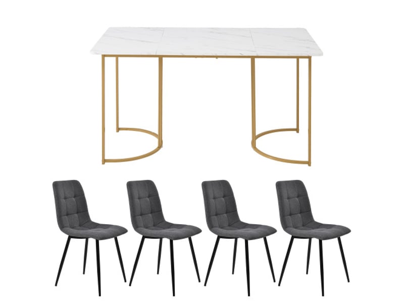  Ensemble salle à manger 5 pièces: table 140x80 cm, 4 chaises gris foncé (lin), plateau mdf blanc, pieds dorés  - Conforama A